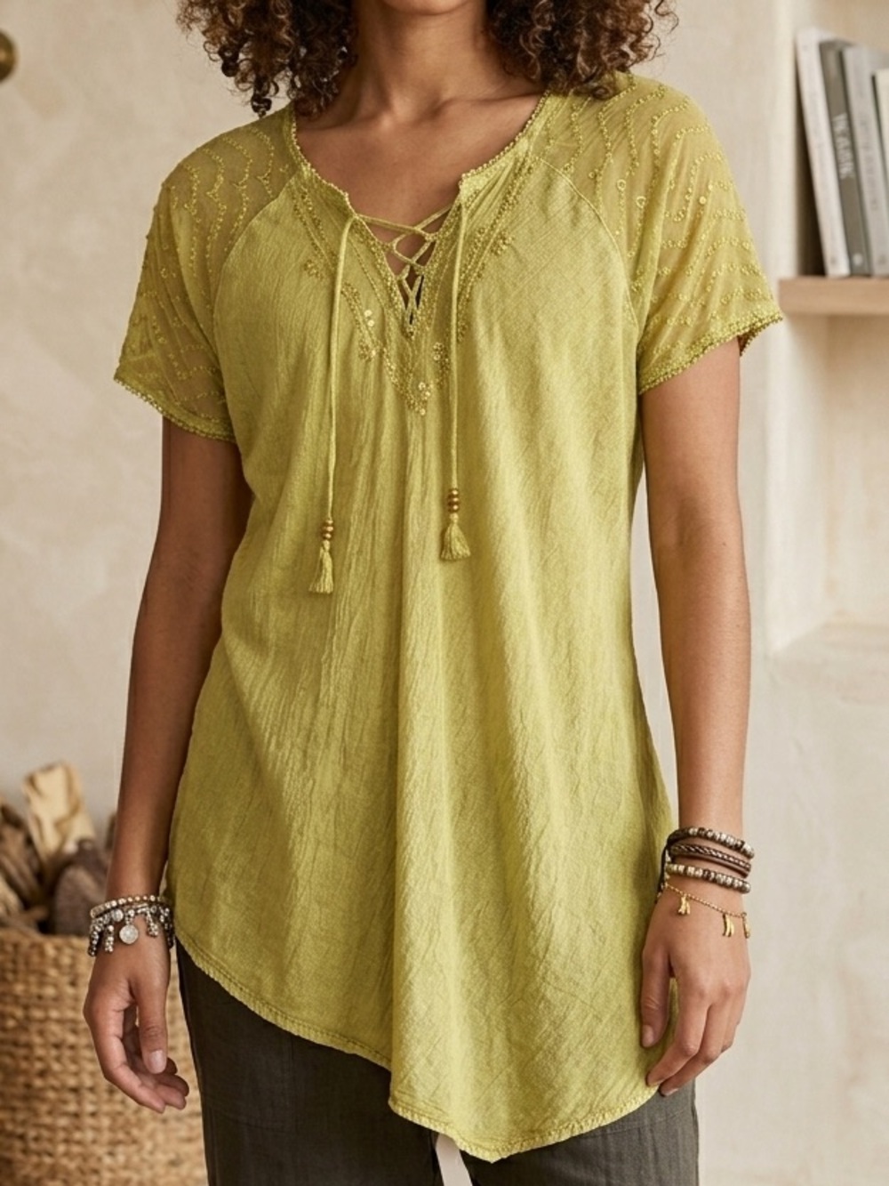 Boho Sequin Advance Apparels Olive Green Cotton Lace-Up‎ Tunic Top Plus Size